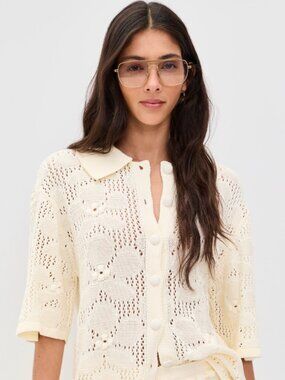 Floral Crochet Short Sleeve Collared Button-Up Top Cream Cardigan Medium